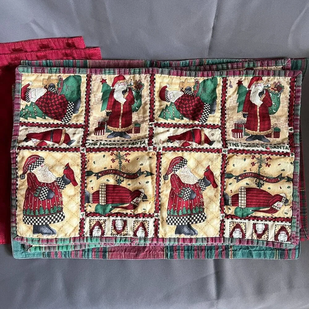 Set Of 6 Vintage Holiday Fabric Placemats With Santa Plaid & Textured Red Patter - Picture 3 of 4